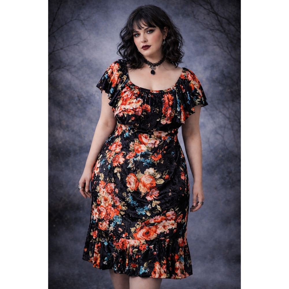 Whimsigoth Y2K Floral Velvet Mini Dress Dark Fairy Party Whimsical Size XL Retro